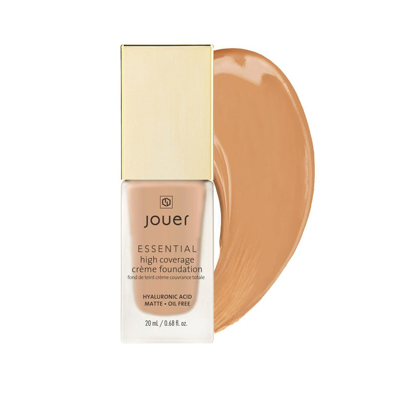 Jouer Essential High Coverage Crème Foundation Foundation Macchiato (LF) Tan skin with warm golden undertones and subtle pink tones  